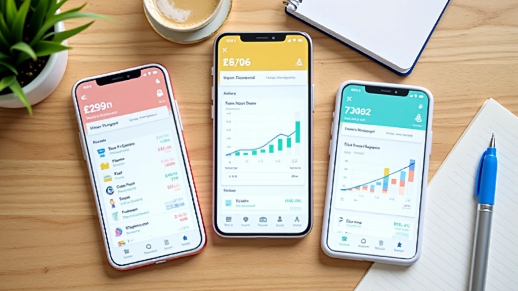 Multiple smartphones arranged showing different budget app interfaces with charts and data