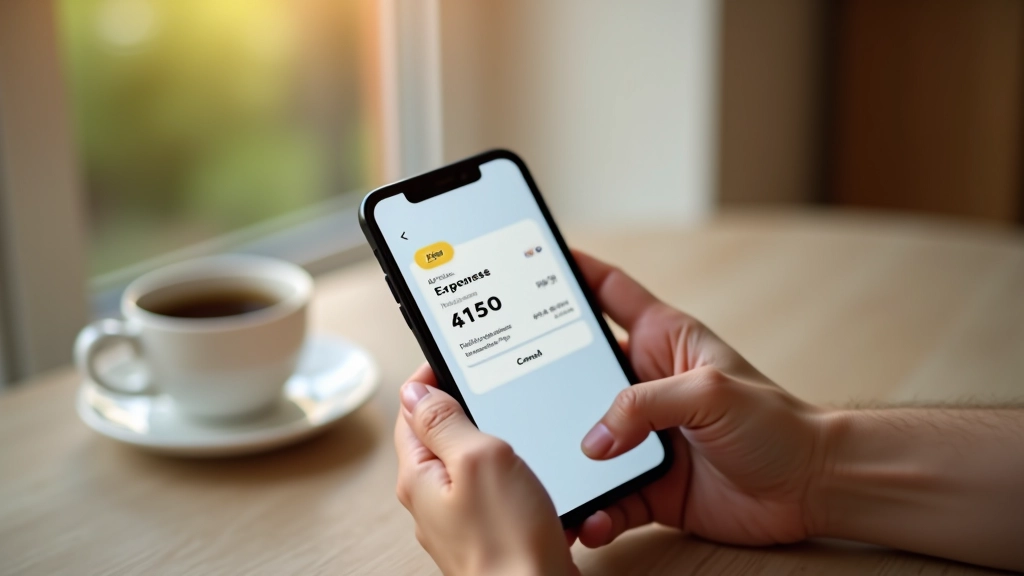 Hands holding smartphone displaying expense tracking interface with AI-powered categorization and spending insights