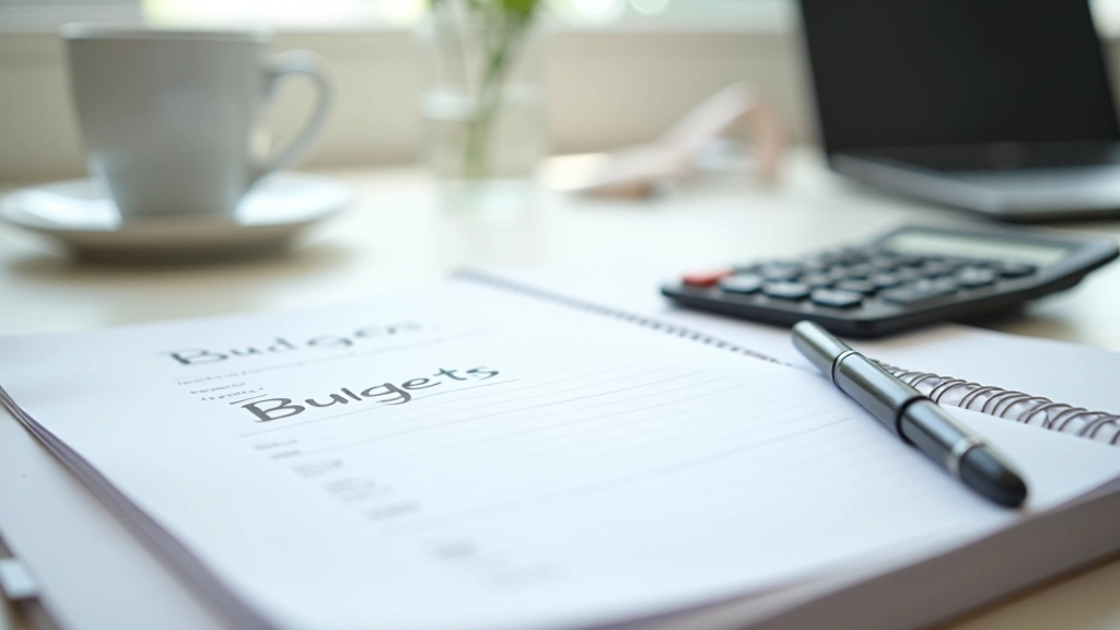 Organized workspace with financial documents, calculator, and smartphone showing budget tracking interface