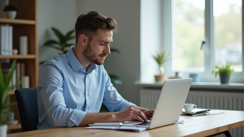 Person at desk working on laptop with financial documents and notes, implementing budget plan