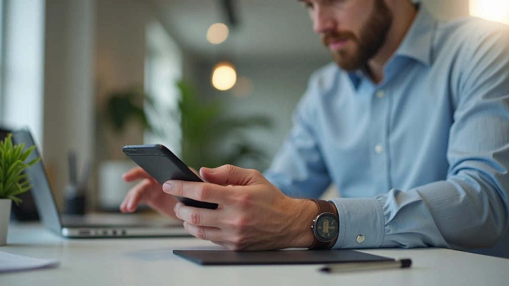 Person using smartphone to track budget and expenses while working at desk