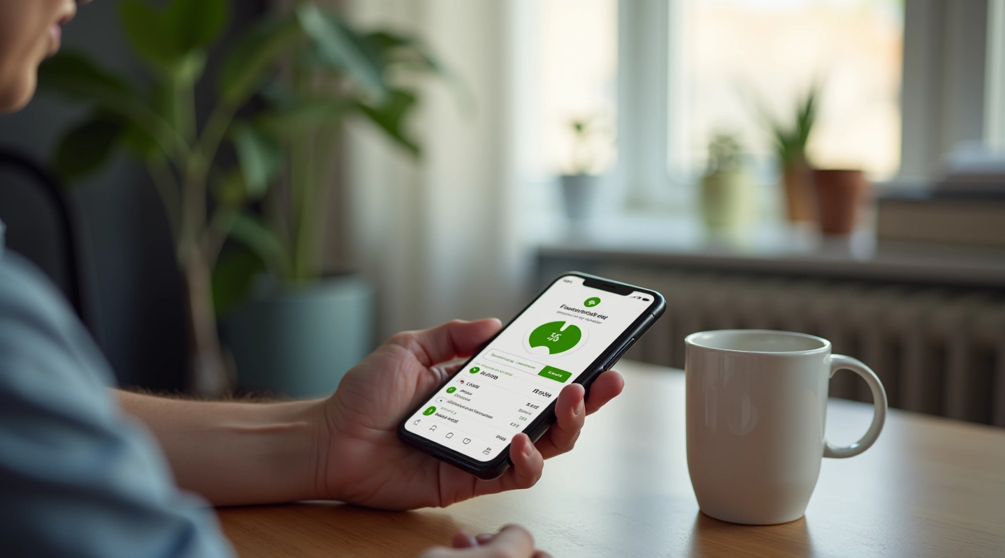 Person using smartphone with financial budgeting app showing expense tracking dashboard and spending analysis